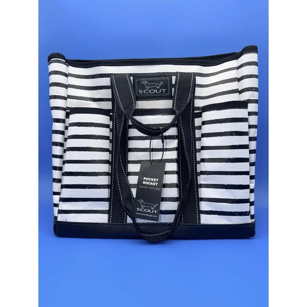 SCOUT Pocket Rocket Tote Oxford News Black White Stripe 6 Pocket NWT Zip Top